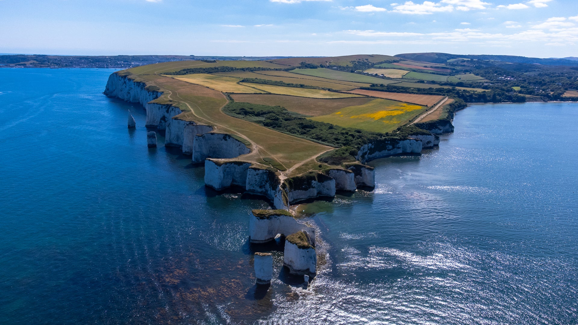 Aerial view of a coastal landscape with cliffs and fields